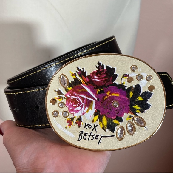 Betsey Johnson Vintage Y2K Western Black Leather Oversized Floral Belt med 31-35 main image 15